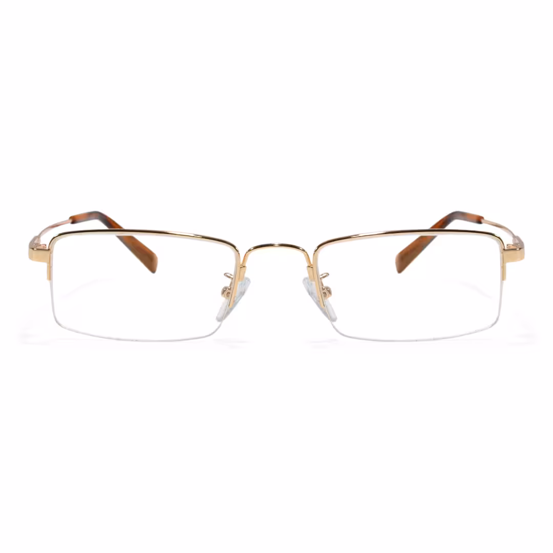 Front view of Liorn office siren rectangle metal eyeglasses in gold. SPU: EM0192605